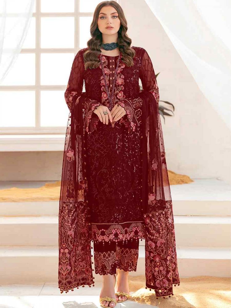 Maroon Georgette Embroidered Festival Party Pant Salwar Kameez