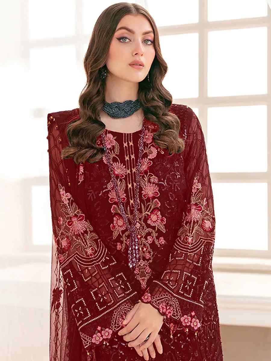 Maroon Georgette Embroidered Festival Party Pant Salwar Kameez