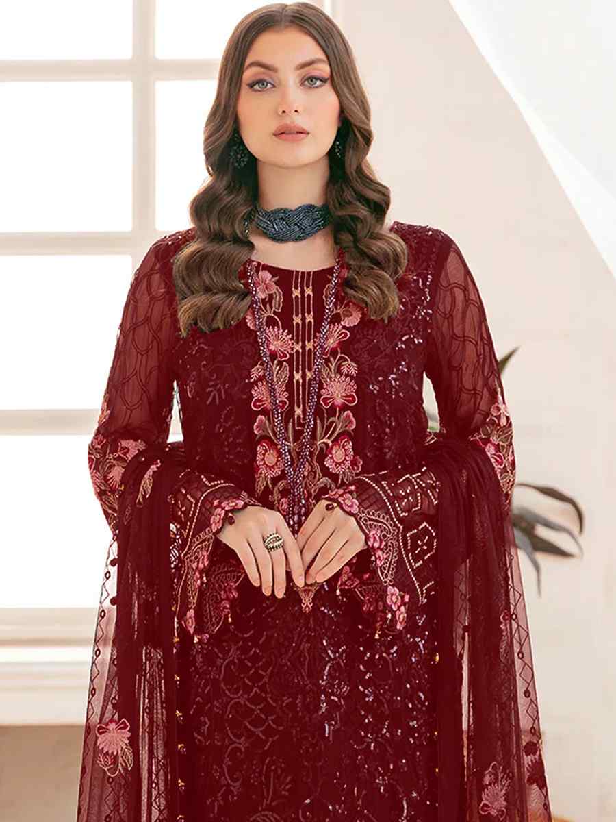 Maroon Georgette Embroidered Festival Party Pant Salwar Kameez