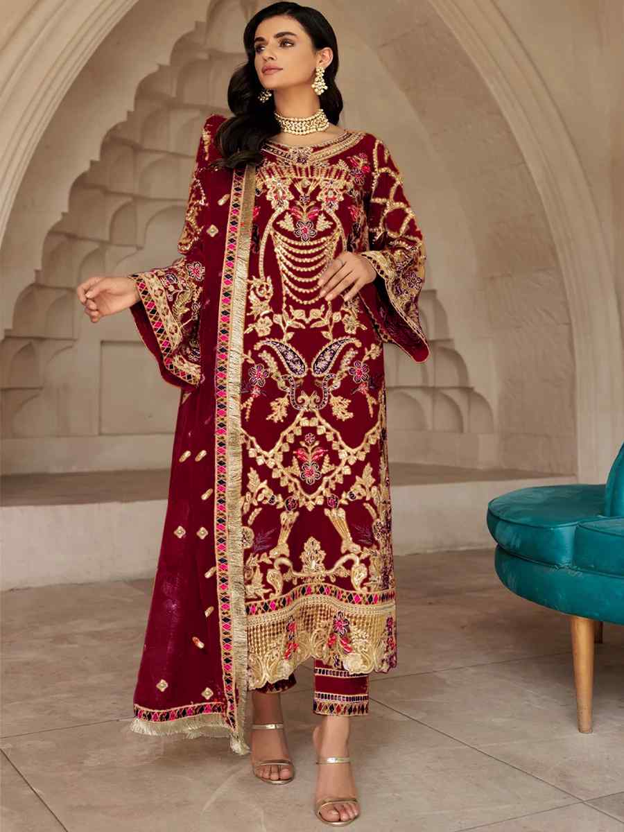 Maroon Georgette Embroidered Festival Party Pant Salwar Kameez