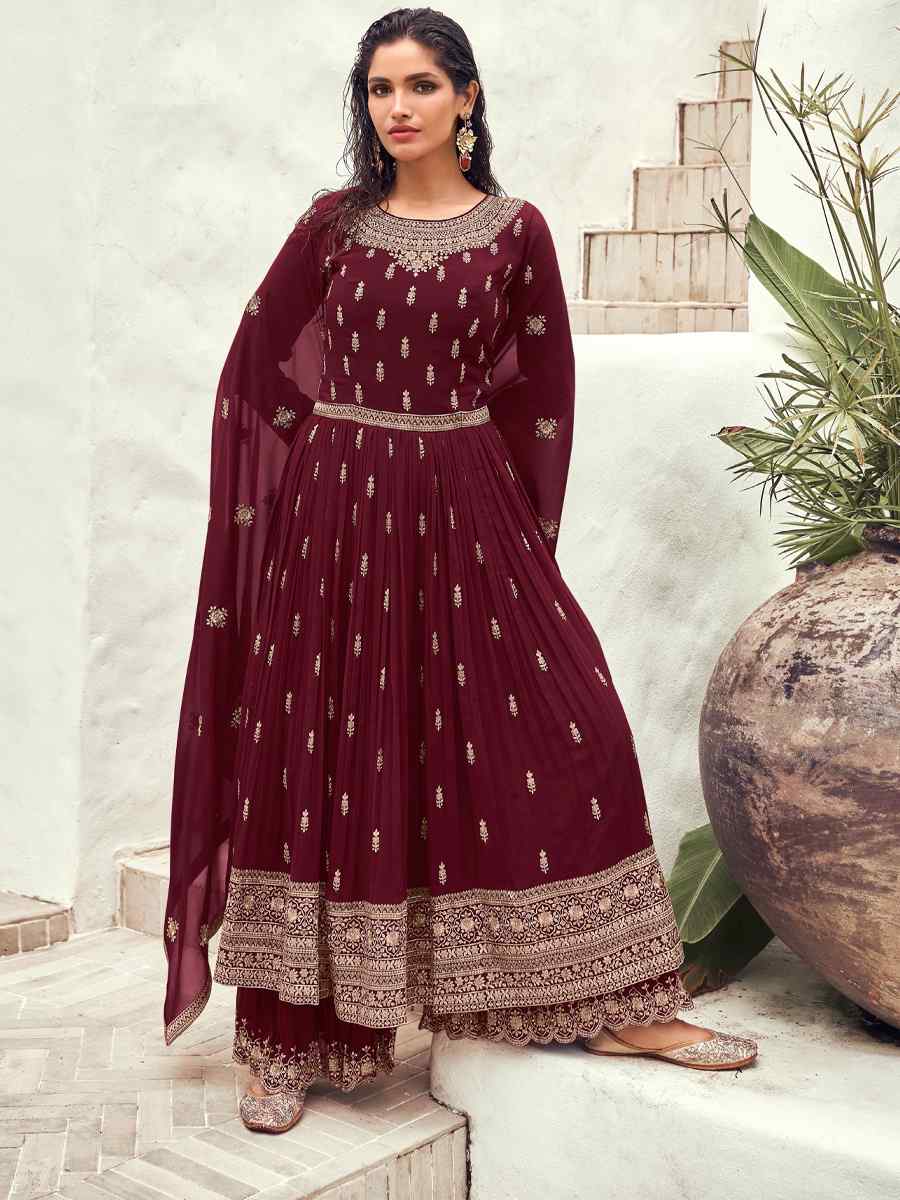 Maroon Georgette Embroidered Festival Wedding Anarkali Salwar Kameez