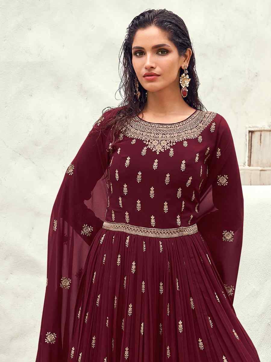 Maroon Georgette Embroidered Festival Wedding Anarkali Salwar Kameez