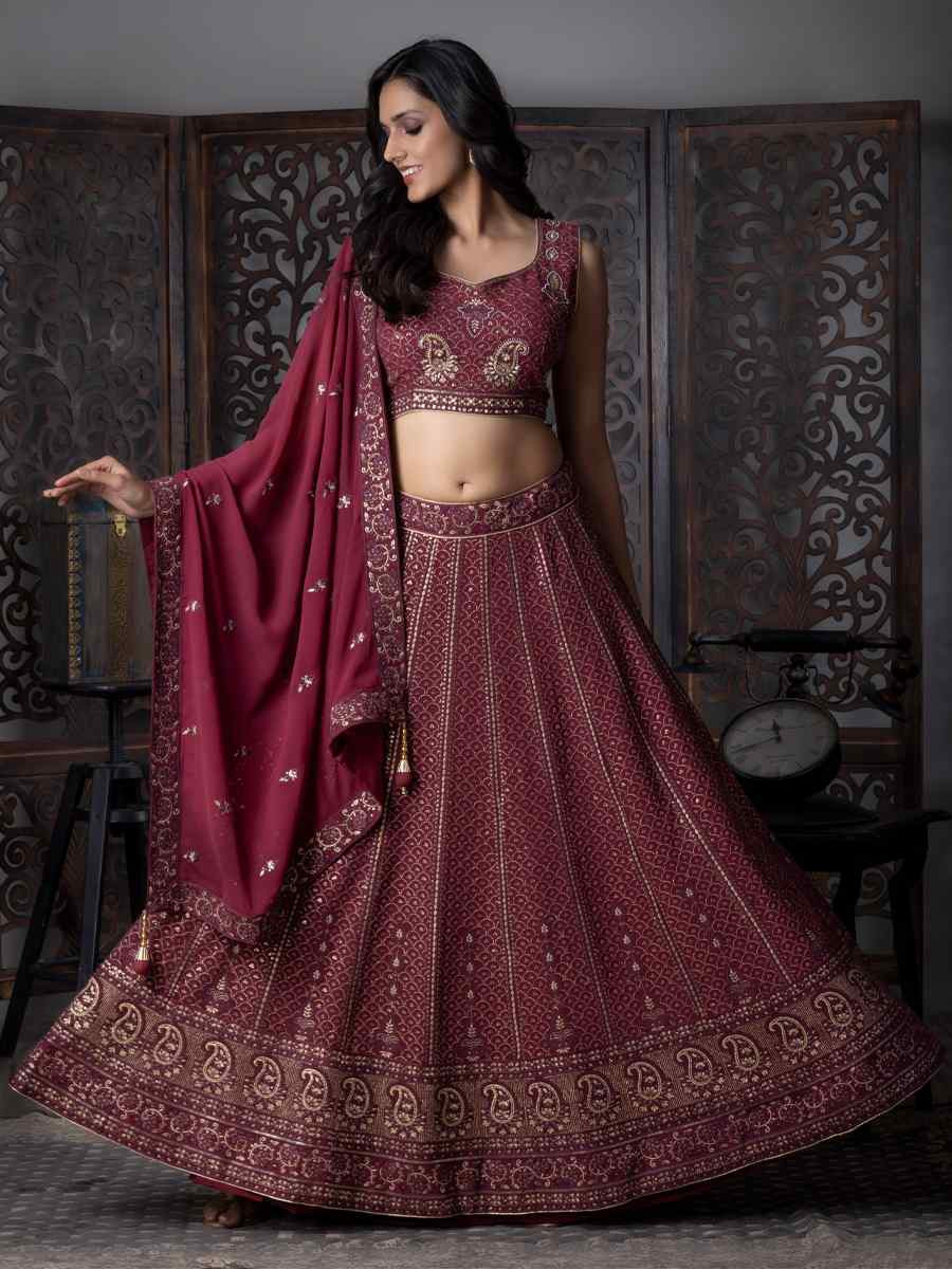 Maroon Georgette Embroidered Festival Wedding Circular Lehenga Choli
