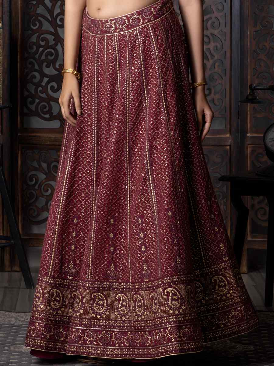 Maroon Georgette Embroidered Festival Wedding Circular Lehenga Choli