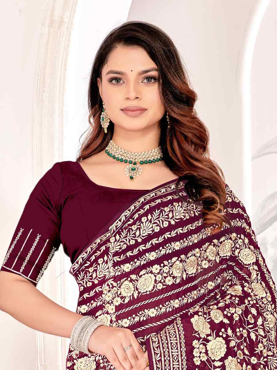 Maroon Georgette Embroidered Festival Wedding Fancy Heavy Border Saree