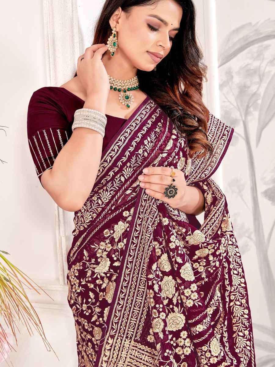 Maroon Georgette Embroidered Festival Wedding Fancy Heavy Border Saree