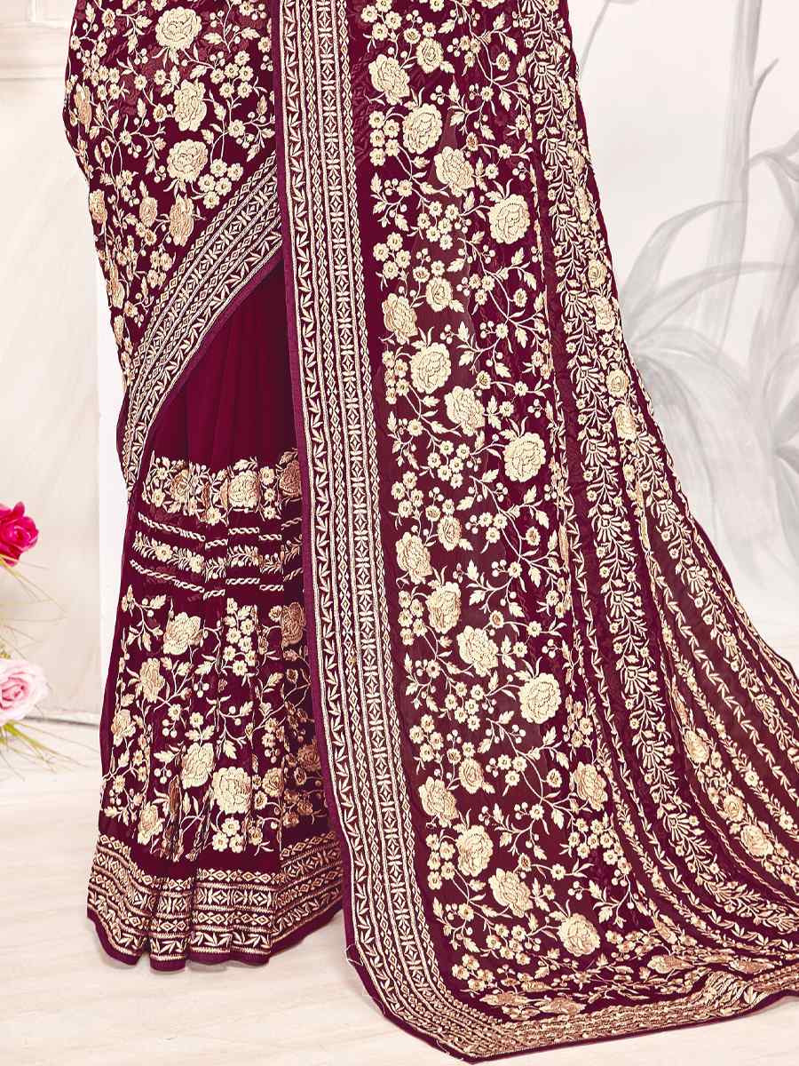 Maroon Georgette Embroidered Festival Wedding Fancy Heavy Border Saree