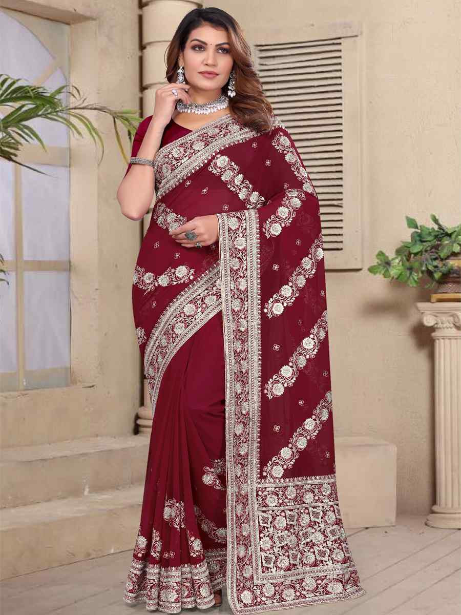 Maroon Georgette Embroidered Festival Wedding Fancy Heavy Border Saree