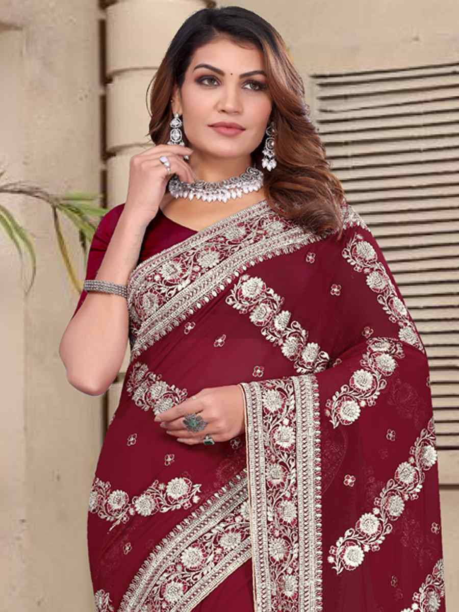 Maroon Georgette Embroidered Festival Wedding Fancy Heavy Border Saree