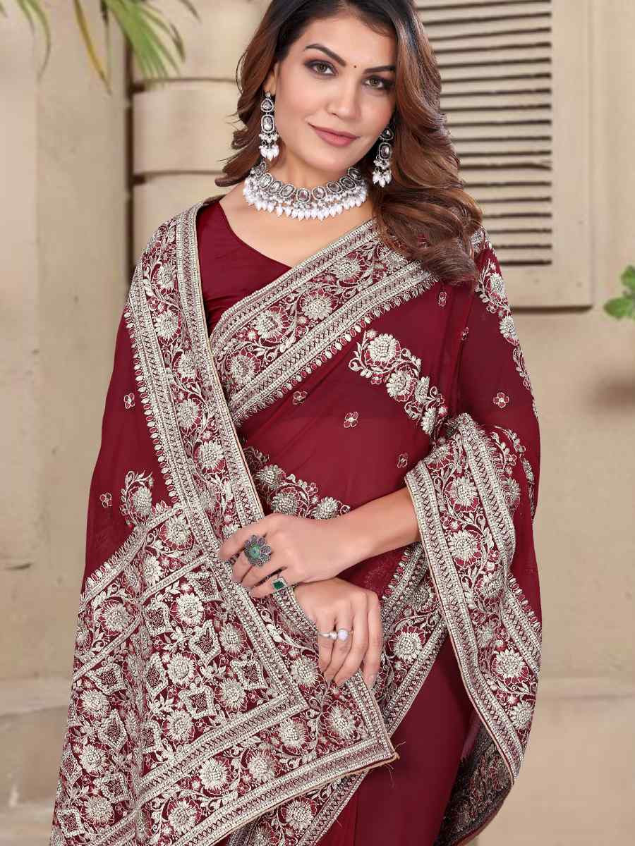 Maroon Georgette Embroidered Festival Wedding Fancy Heavy Border Saree