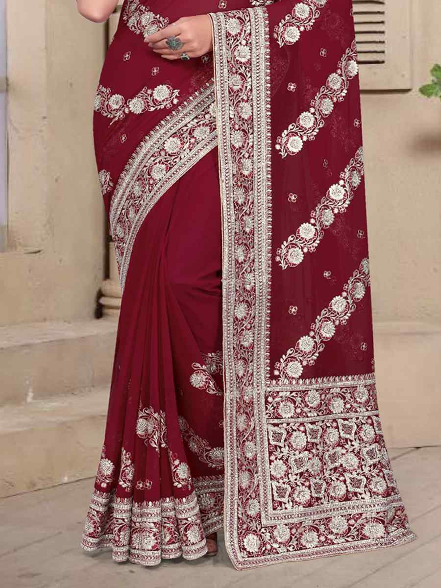 Maroon Georgette Embroidered Festival Wedding Fancy Heavy Border Saree