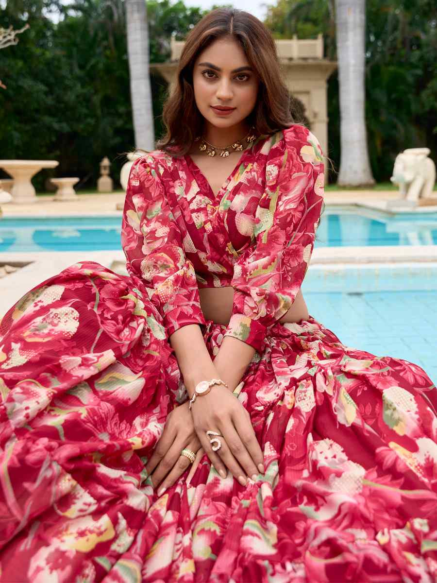 Maroon Georgette Embroidered Festival Wedding Heavy Border Lehenga Choli