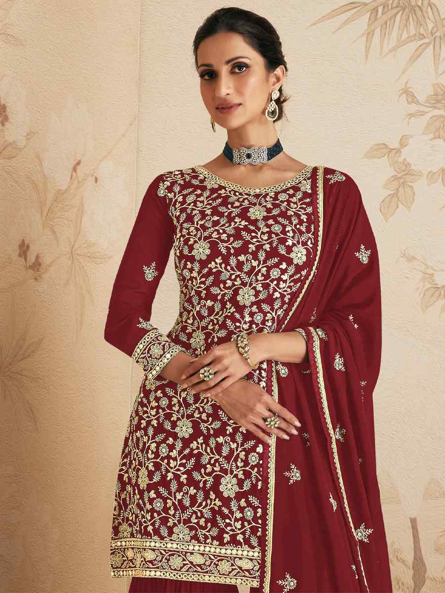 Maroon Georgette Embroidered Festival Wedding Palazzo Pant Salwar Kameez