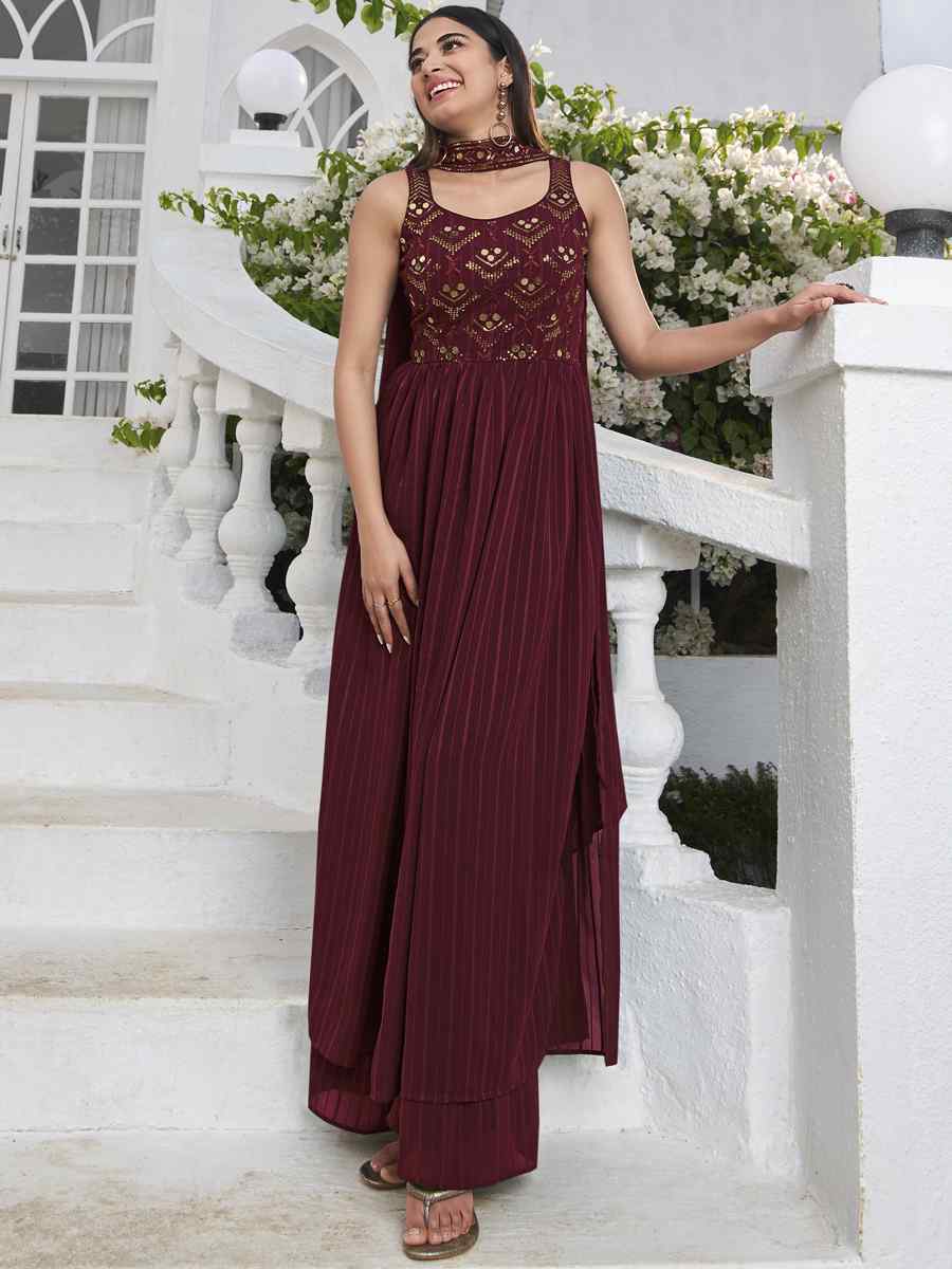 Maroon Georgette Embroidered Festival Wedding Palazzo Pant Salwar Kameez