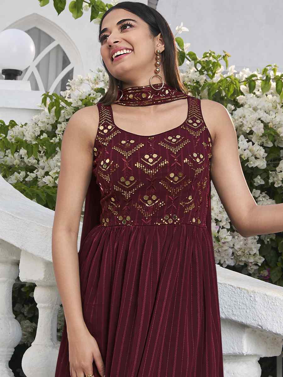 Maroon Georgette Embroidered Festival Wedding Palazzo Pant Salwar Kameez