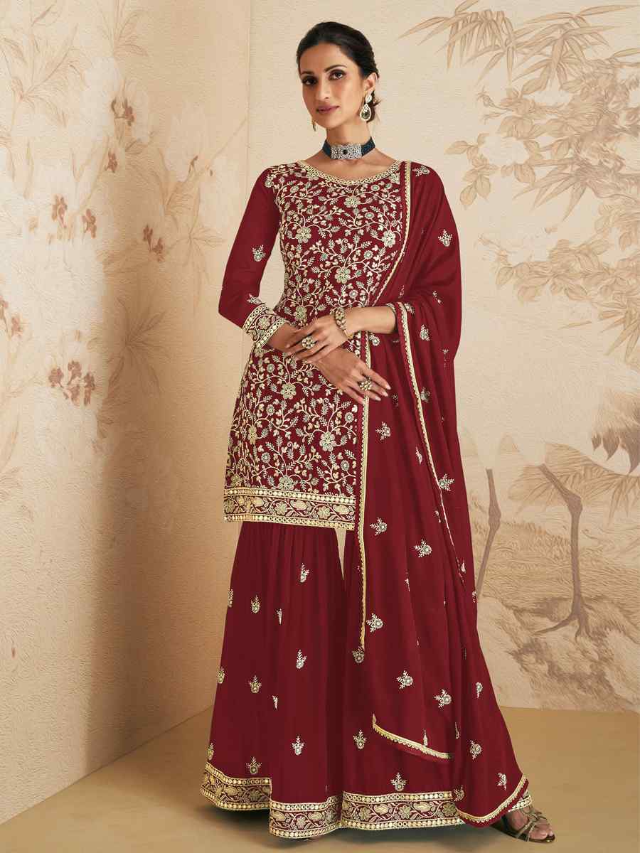 Maroon Georgette Embroidered Festival Wedding Palazzo Pant Salwar Kameez