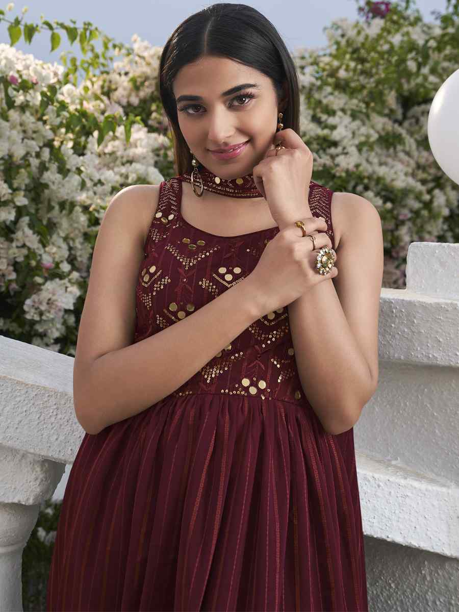 Maroon Georgette Embroidered Festival Wedding Palazzo Pant Salwar Kameez