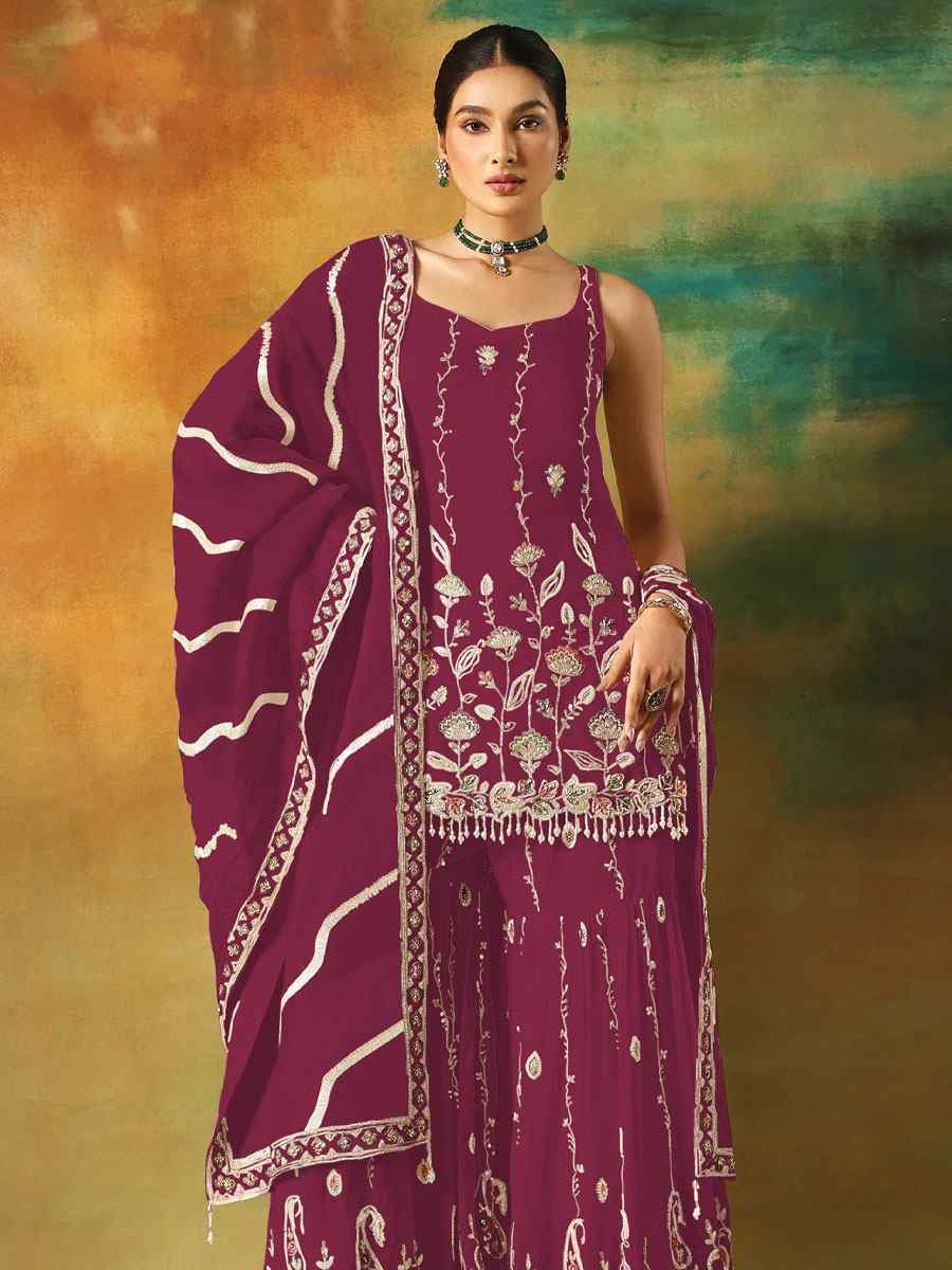 Maroon Georgette Embroidered Festival Wedding Sharara Pant Salwar Kameez