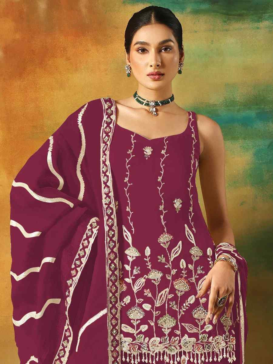 Maroon Georgette Embroidered Festival Wedding Sharara Pant Salwar Kameez