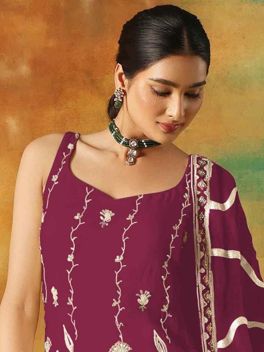 Maroon Georgette Embroidered Festival Wedding Sharara Pant Salwar Kameez