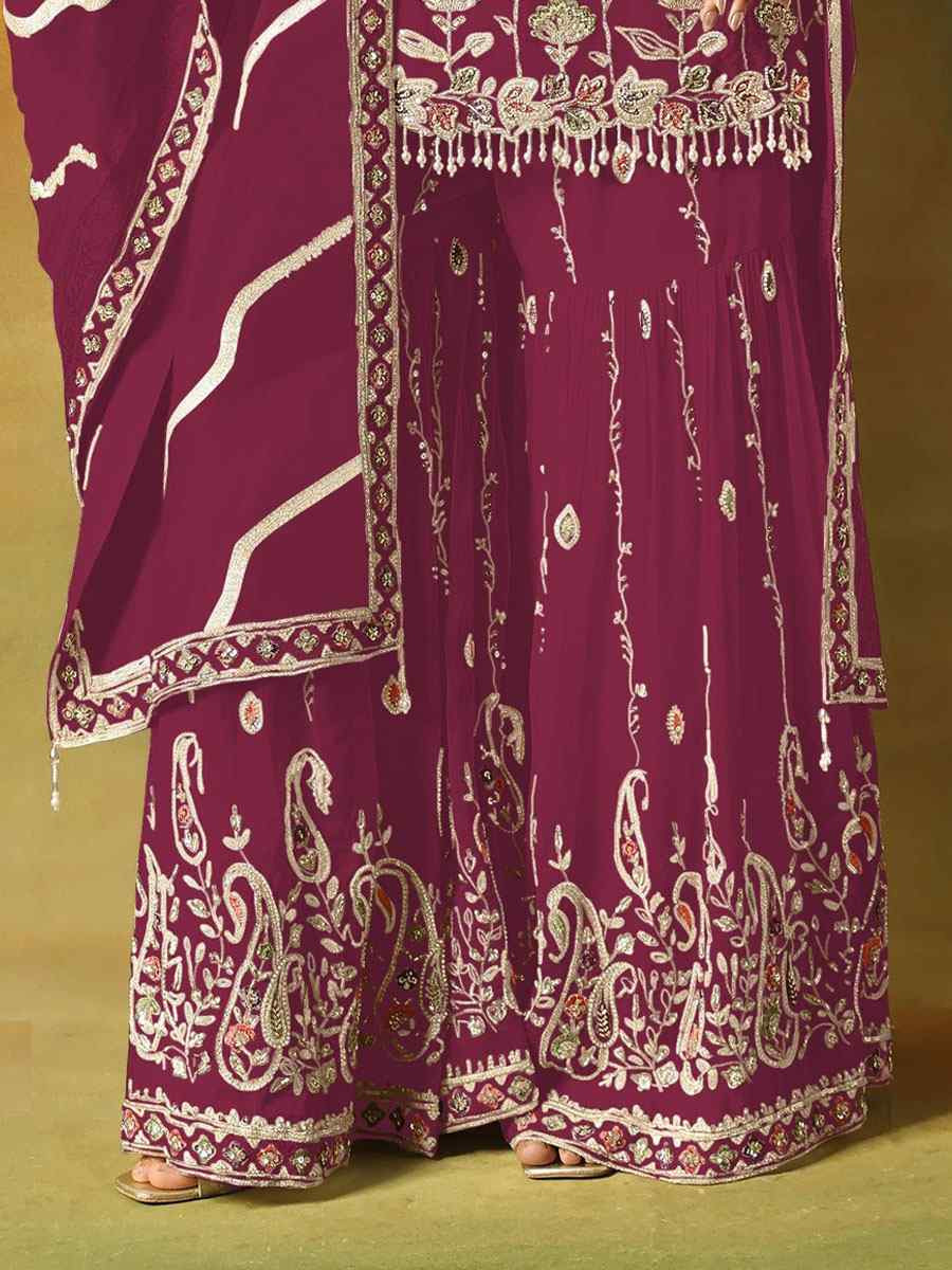 Maroon Georgette Embroidered Festival Wedding Sharara Pant Salwar Kameez
