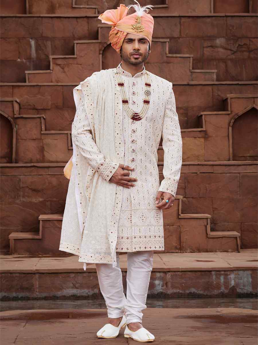 Maroon Georgette Embroidered Groom Wedding Sherwani