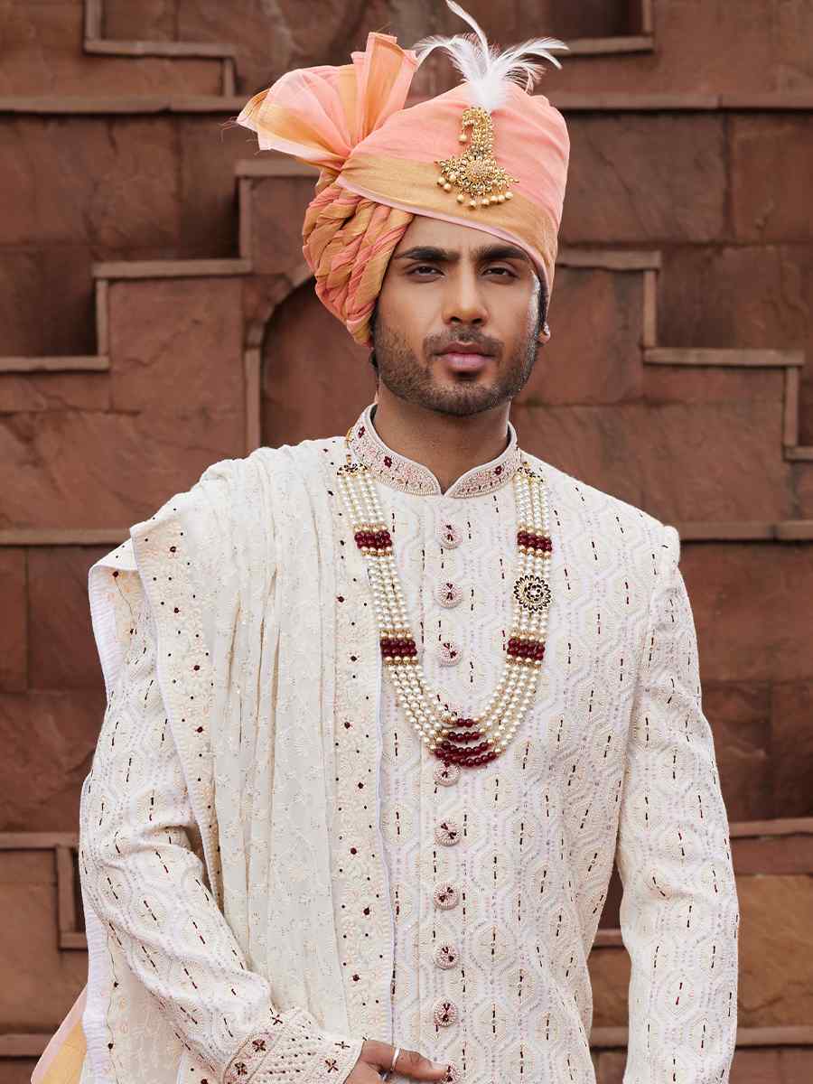 Maroon Georgette Embroidered Groom Wedding Sherwani