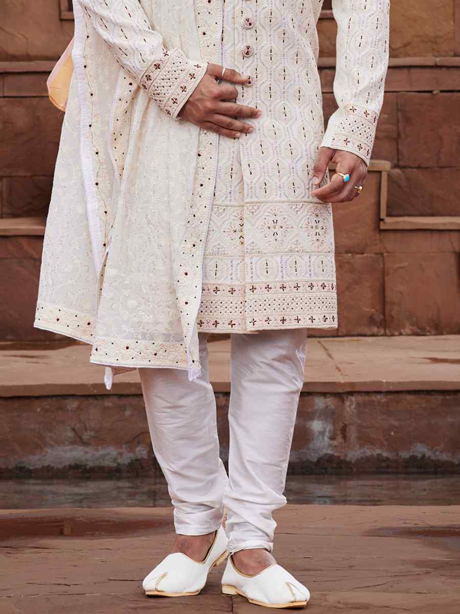 Maroon Georgette Embroidered Groom Wedding Sherwani