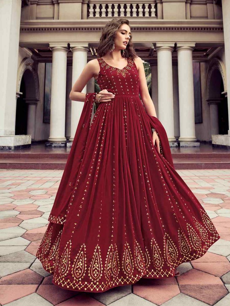 Maroon Georgette Embroidered Party Gown