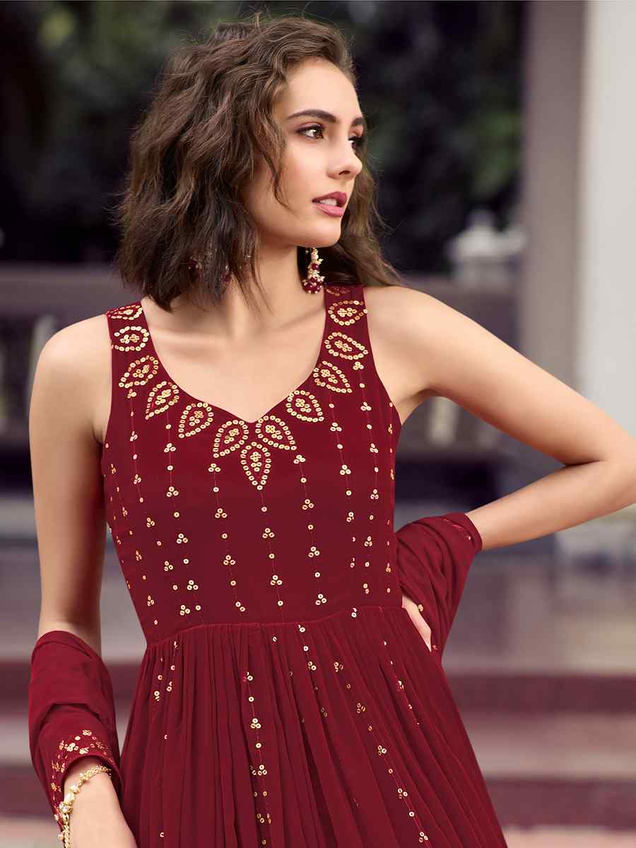 Maroon Georgette Embroidered Party Gown