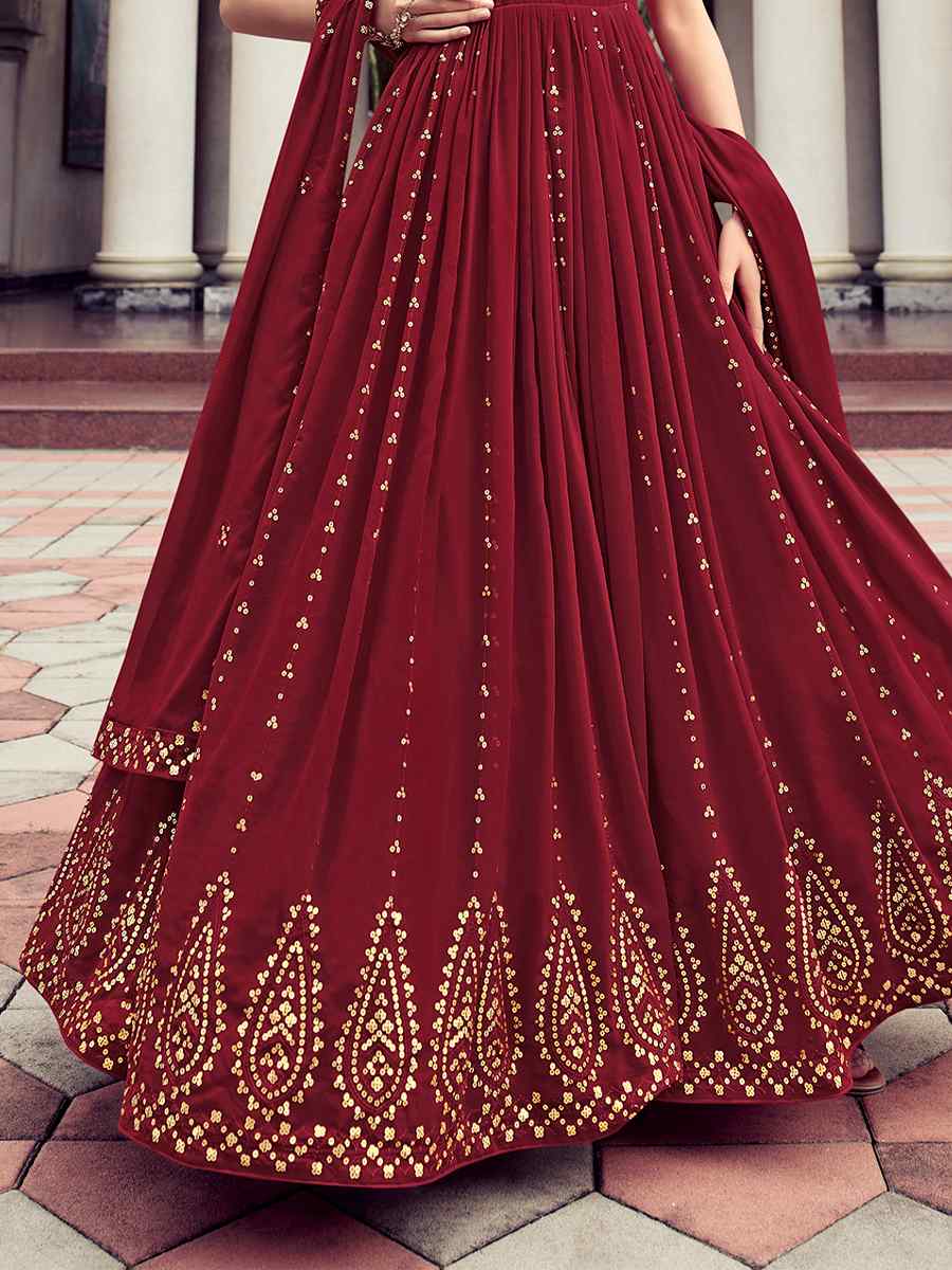 Maroon Georgette Embroidered Party Gown