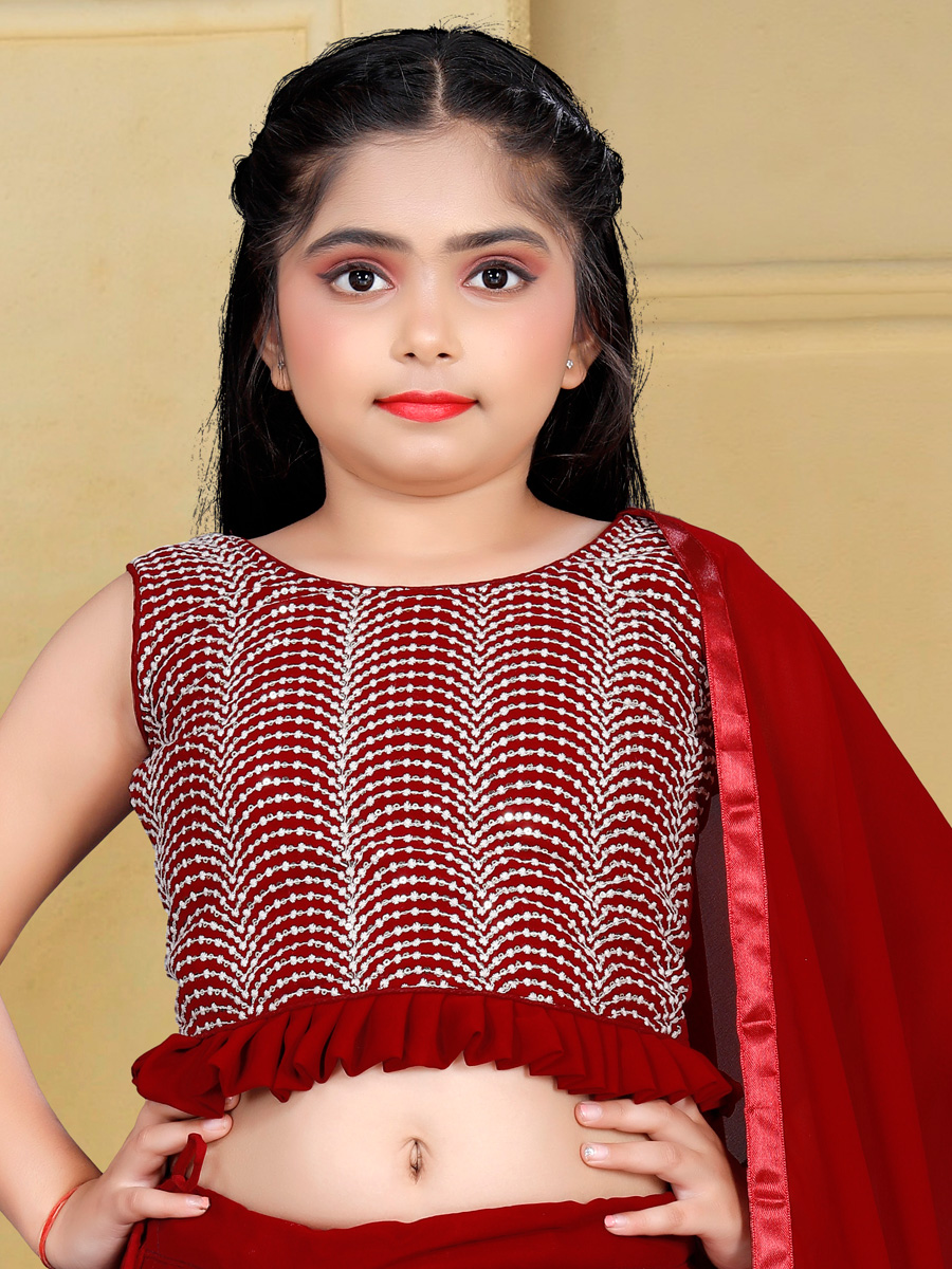 Maroon Georgette Embroidered Party Kids Lehenga Choli