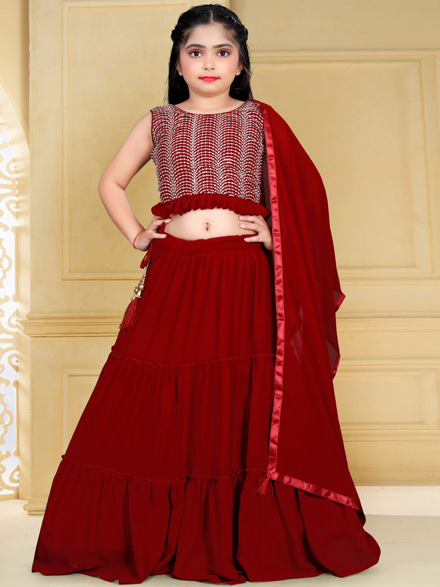 Maroon Georgette Embroidered Party Kids Lehenga Choli