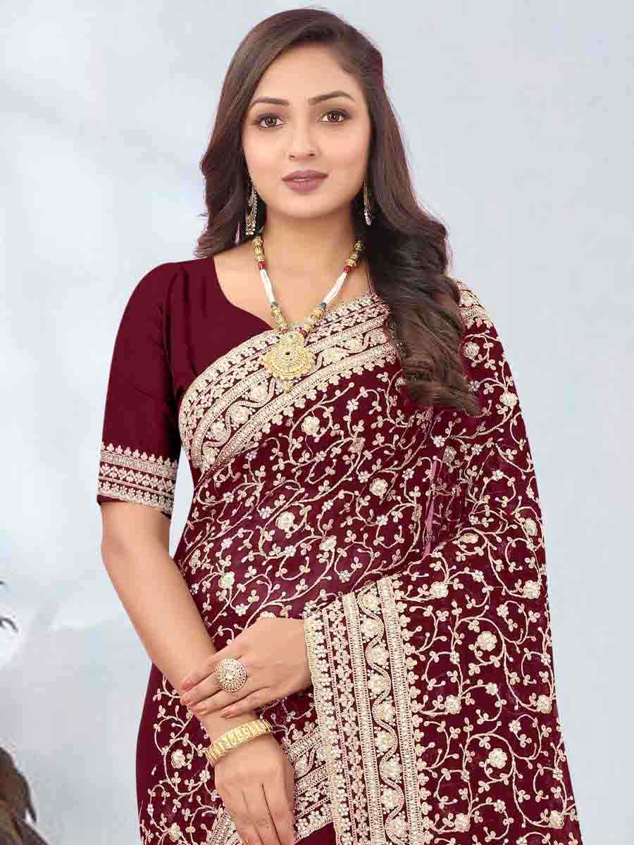 Maroon Georgette Embroidered Party Wedding Heavy Border Saree