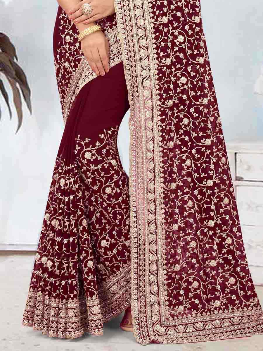 Maroon Georgette Embroidered Party Wedding Heavy Border Saree