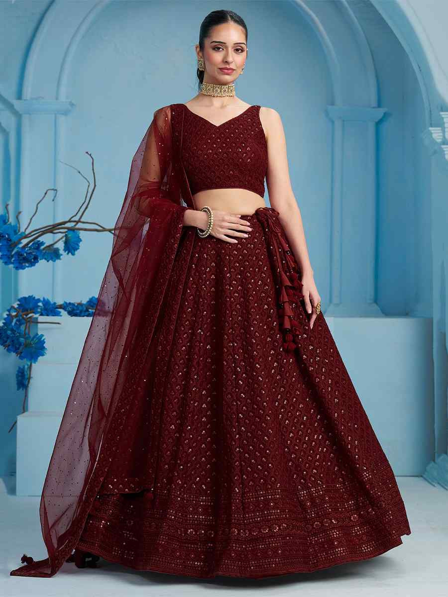 Maroon Georgette Embroidered Reception Wedding Heavy Border Lehenga Choli