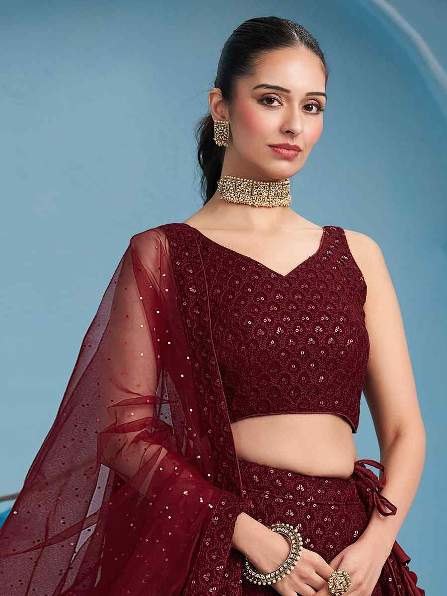 Maroon Georgette Embroidered Reception Wedding Heavy Border Lehenga Choli