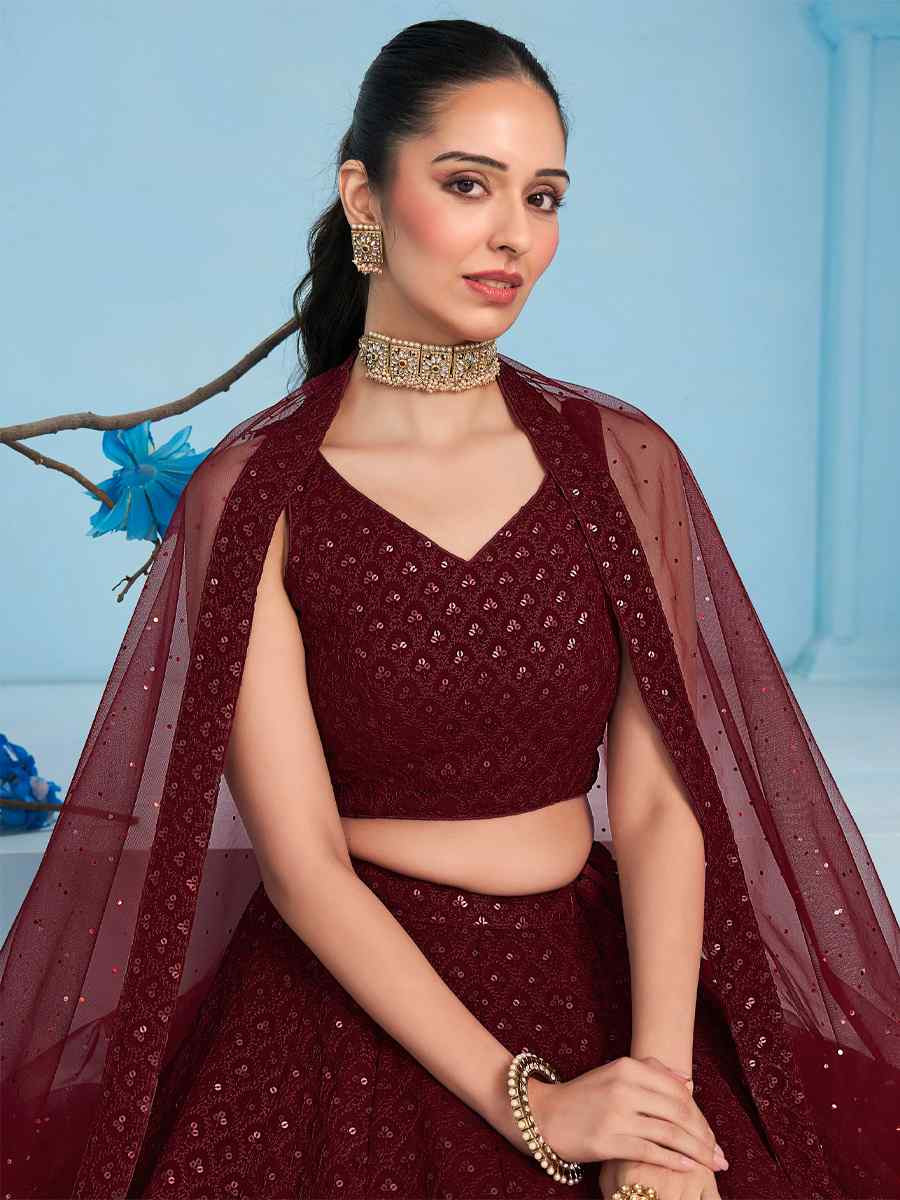 Maroon Georgette Embroidered Reception Wedding Heavy Border Lehenga Choli