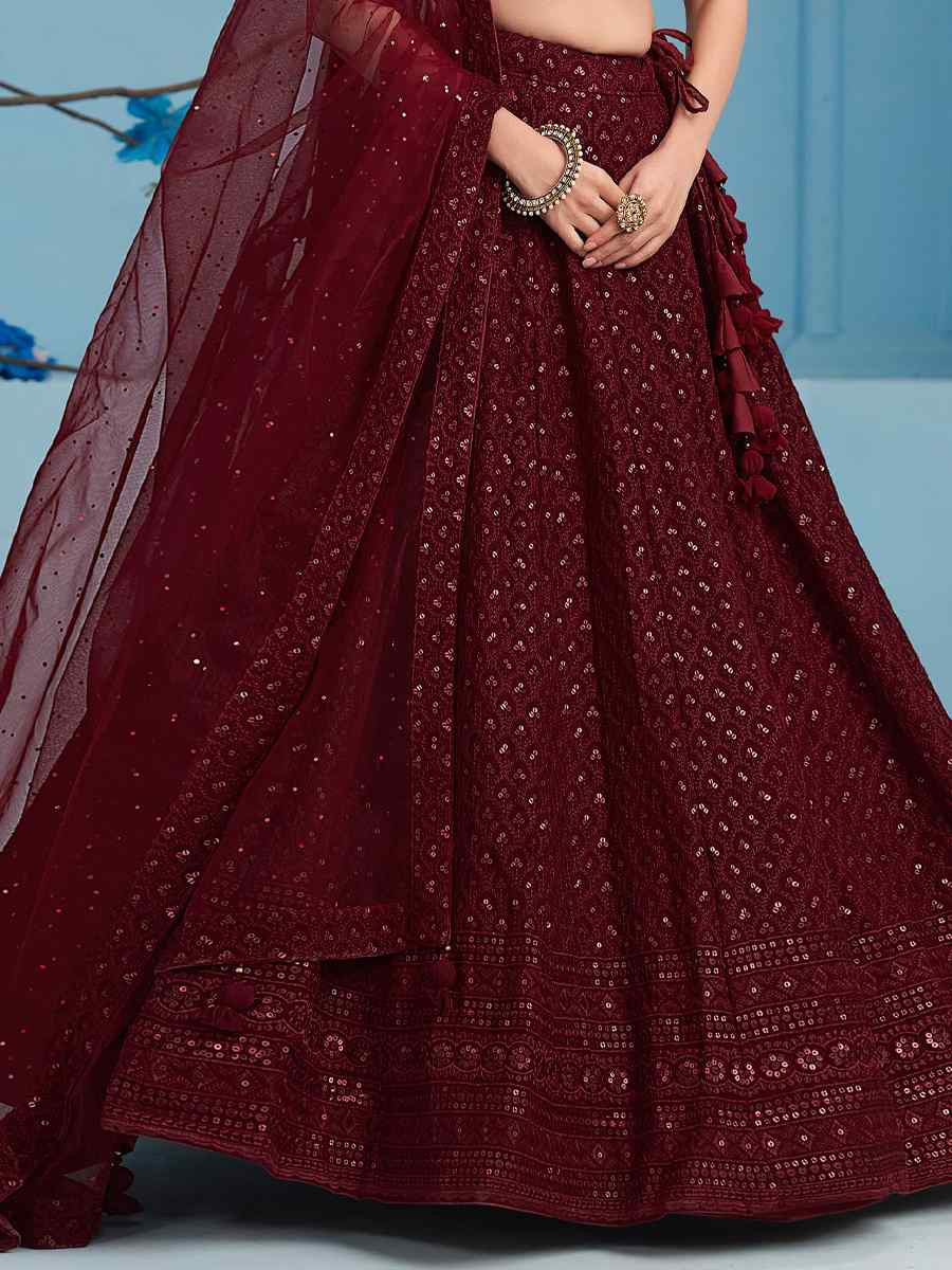 Maroon Georgette Embroidered Reception Wedding Heavy Border Lehenga Choli