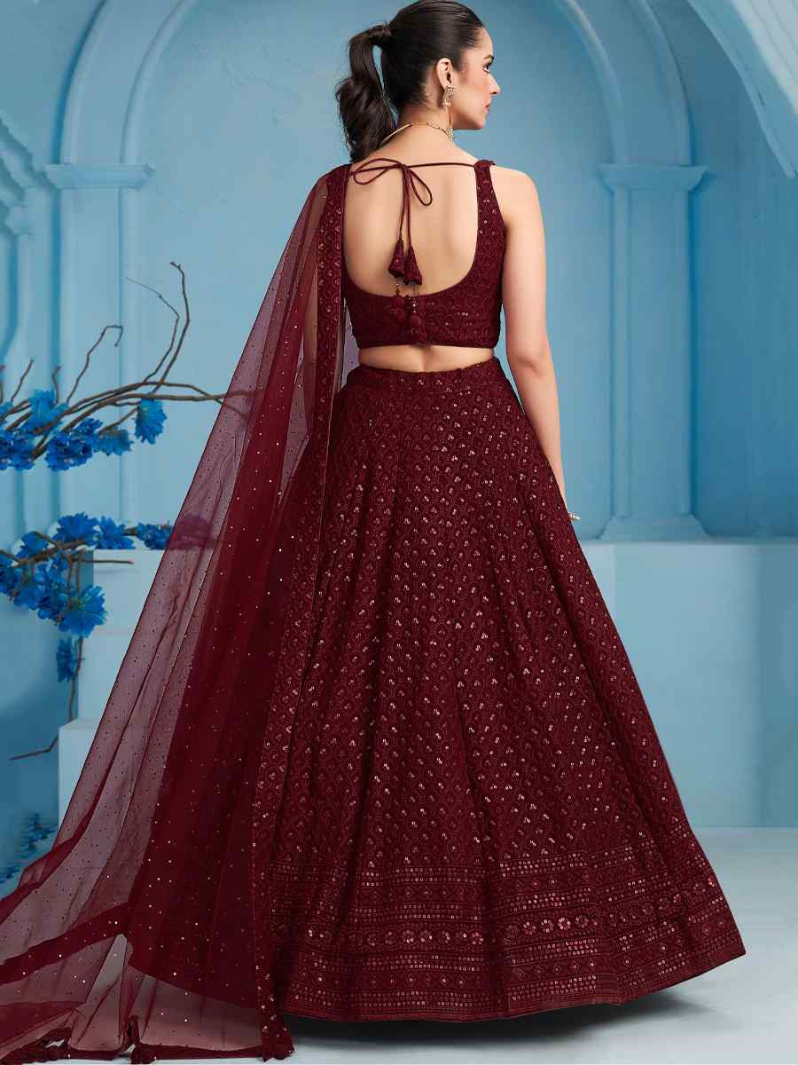 Maroon Georgette Embroidered Reception Wedding Heavy Border Lehenga Choli