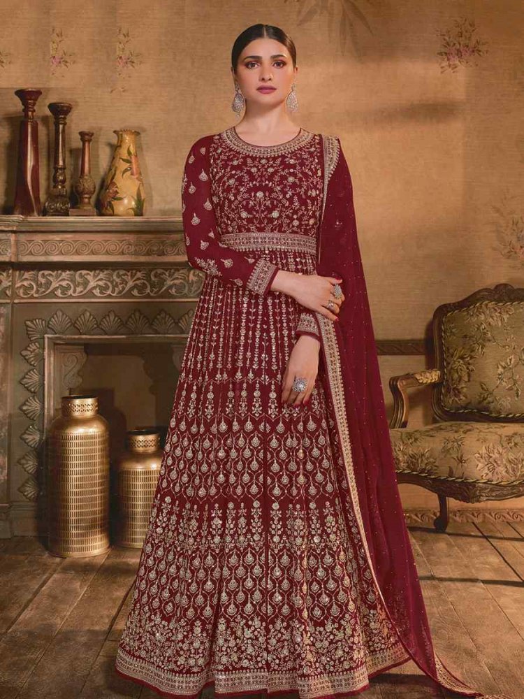 Maroon Georgette Embroidered Wedding Festival Anarkali Bollywood Style Salwar Kameez
