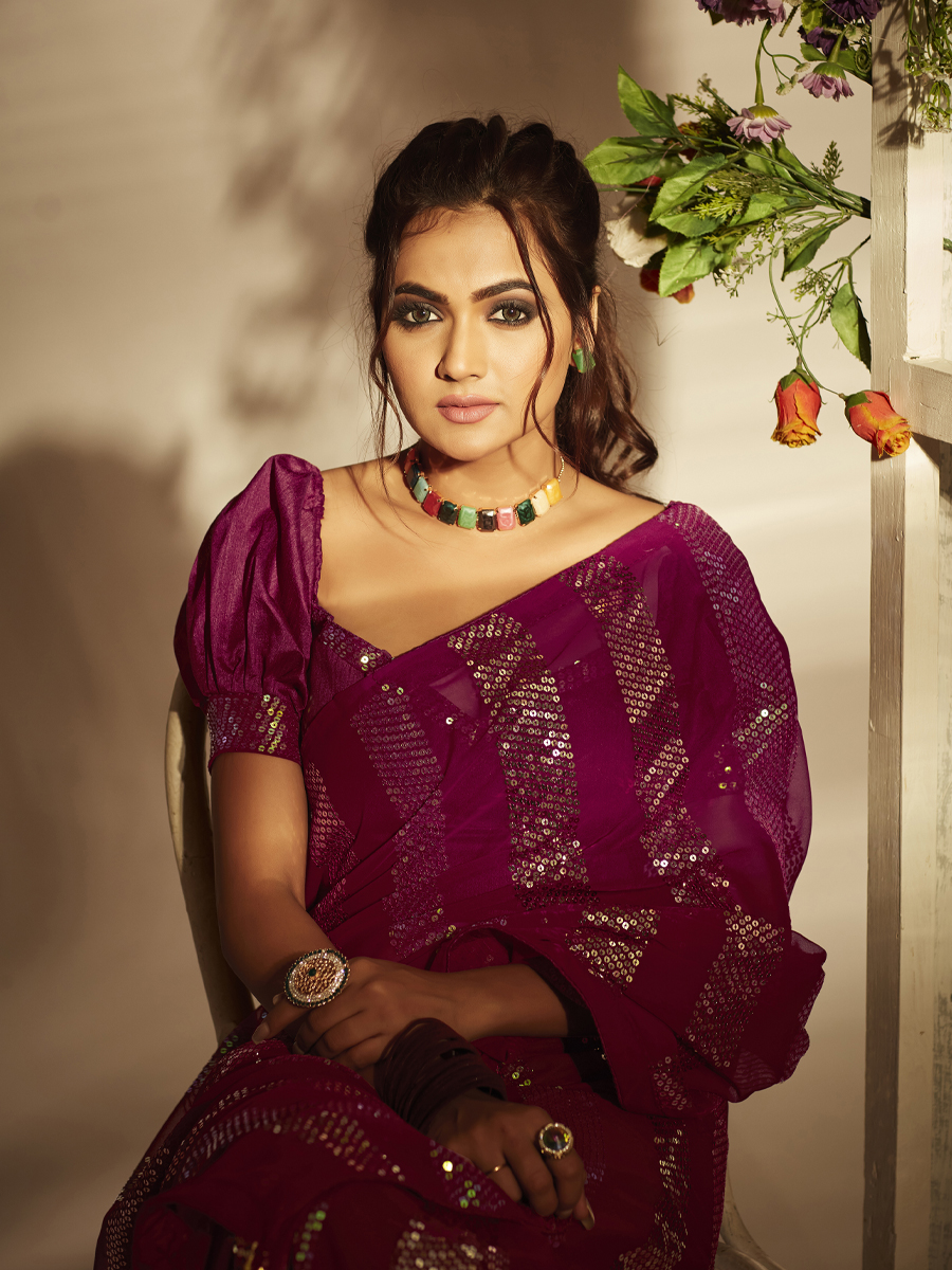 Maroon Georgette Embroidered Wedding Festival Heavy Border Saree