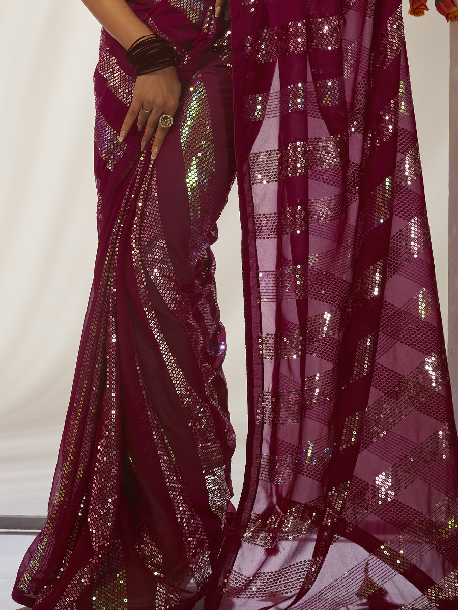 Maroon Georgette Embroidered Wedding Festival Heavy Border Saree