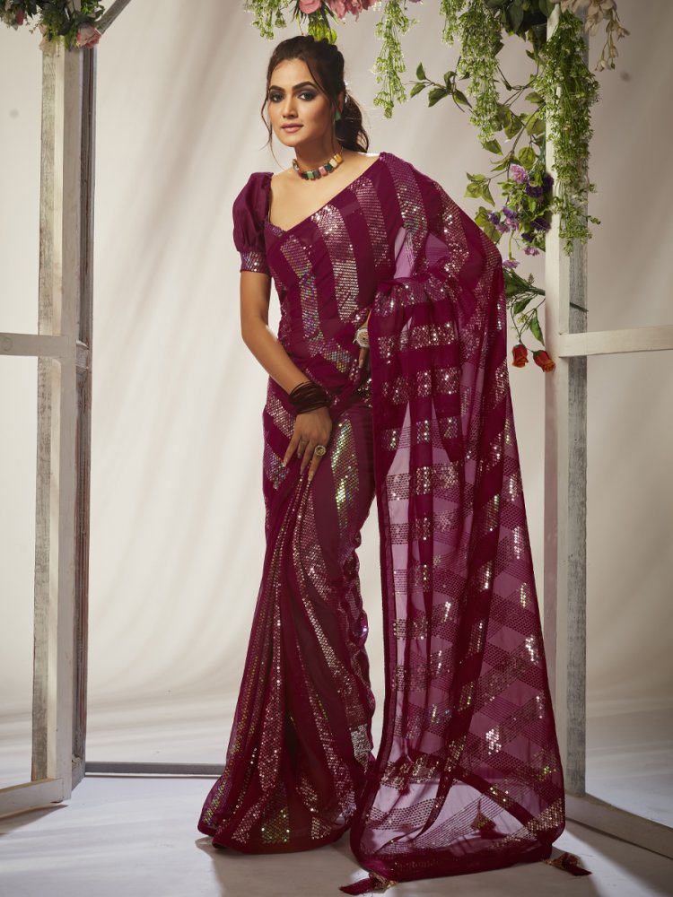 Maroon Georgette Embroidered Wedding Festival Heavy Border Saree