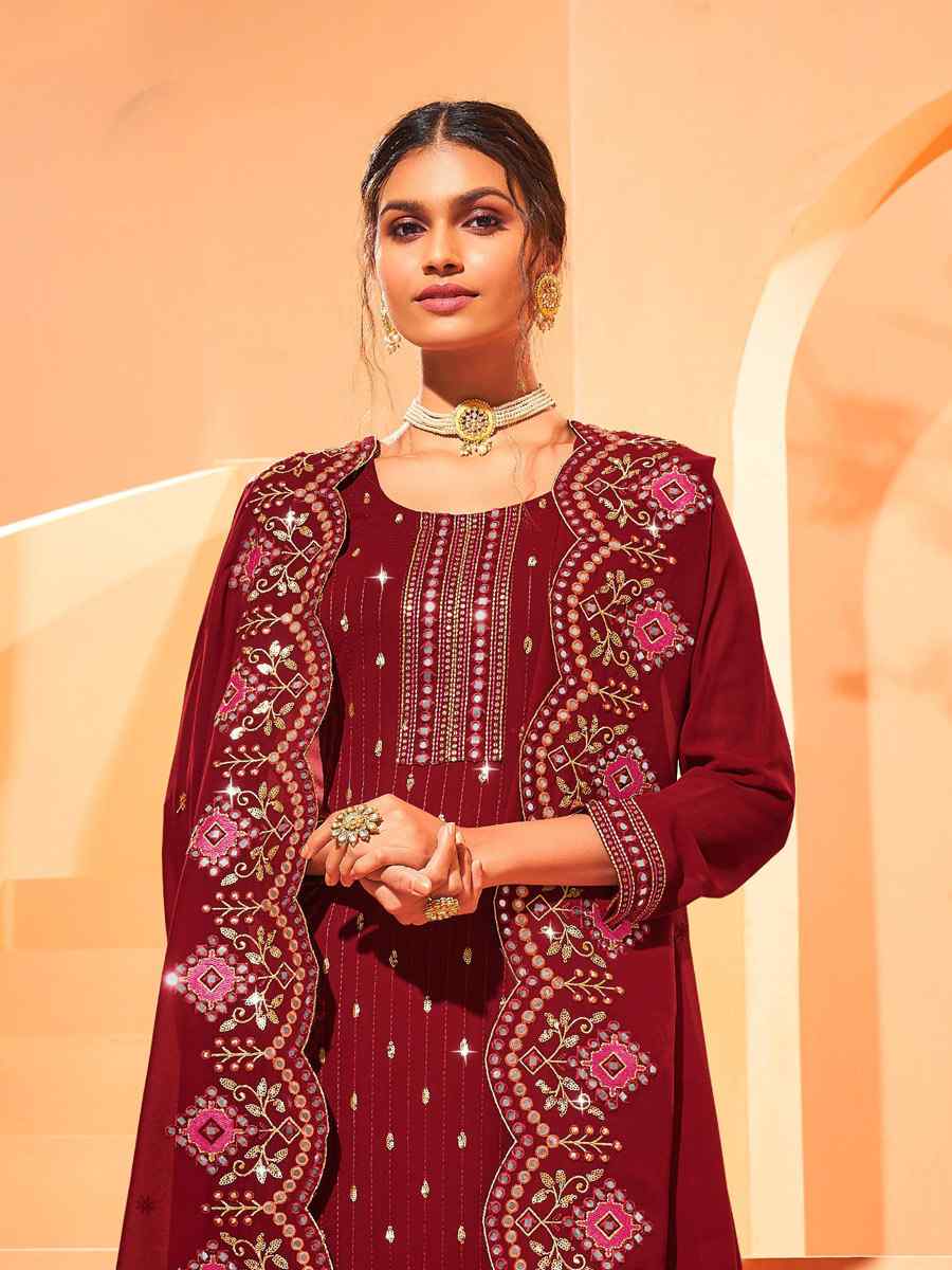 Maroon Georgette Embroidered Wedding Mehendi Palazzo Pant Salwar Kameez