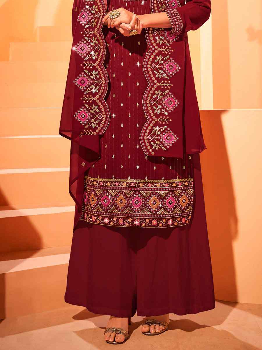 Maroon Georgette Embroidered Wedding Mehendi Palazzo Pant Salwar Kameez