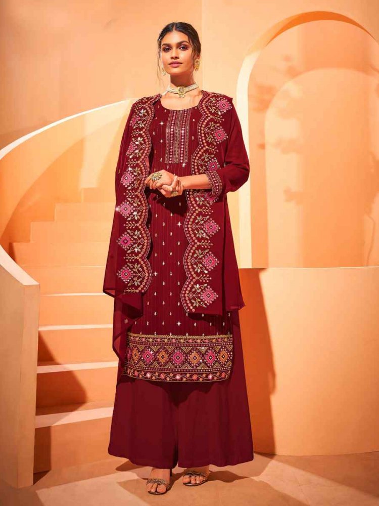 Maroon Georgette Embroidered Wedding Mehendi Palazzo Pant Salwar Kameez