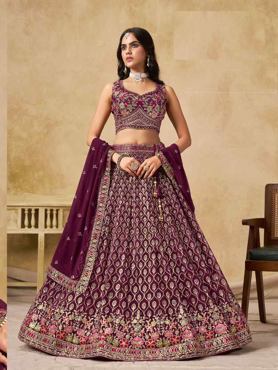 Maroon Georgette Embroidered Wedding Reception Festival Heavy Border Lehenga Choli