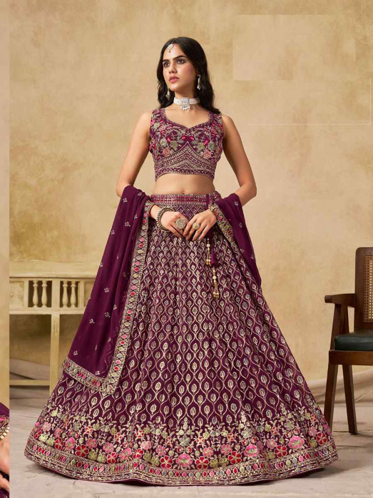 Image of Maroon Georgette Embroidered Wedding Reception Festival Heavy Border Lehenga Choli