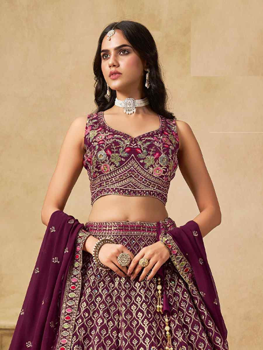Maroon Georgette Embroidered Wedding Reception Festival Heavy Border Lehenga Choli